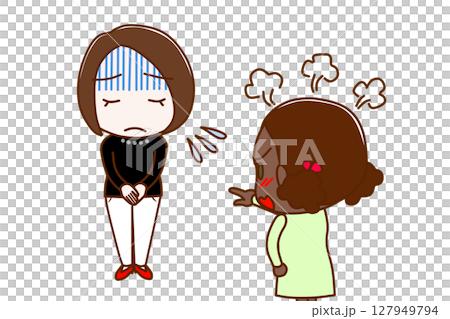 (Multiple) A woman who turns pale as she apologizes and an African-American girl who is furious and yells at her (Multiple) A woman who turns pale as she apologizes and an African-American girl who is furious and yells at her 127949794