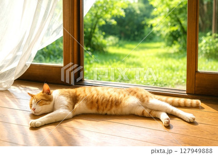 猫の日常　夏を乗り切る猫たち　縁側で涼む 127949888