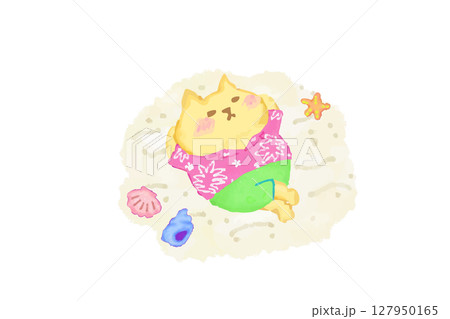 ビーチで寝転ぶアロハシャツを着たかわいい猫の水彩イラスト素材 127950165