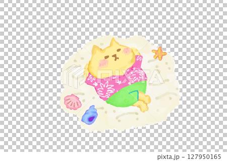 ビーチで寝転ぶアロハシャツを着たかわいい猫の水彩イラスト素材 127950165