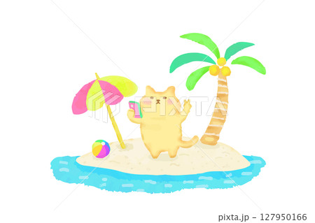 南の島で自撮りを楽しむかわいい猫の水彩イラスト素材 南の島で自撮りを楽しむかわいい猫の水彩イラスト素材 127950166