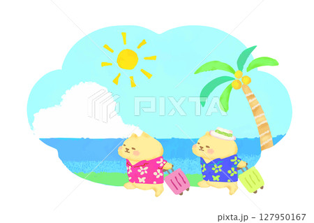 夏リゾートへ旅行　アロハシャツを着たかわいい猫　水彩イラスト素材 127950167