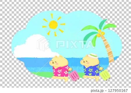 夏リゾートへ旅行　アロハシャツを着たかわいい猫　水彩イラスト素材 127950167