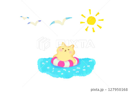浮き輪に入って海に浮かぶかわいい猫　水彩イラスト素材 127950168