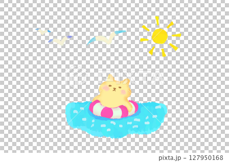 浮き輪に入って海に浮かぶかわいい猫　水彩イラスト素材 127950168