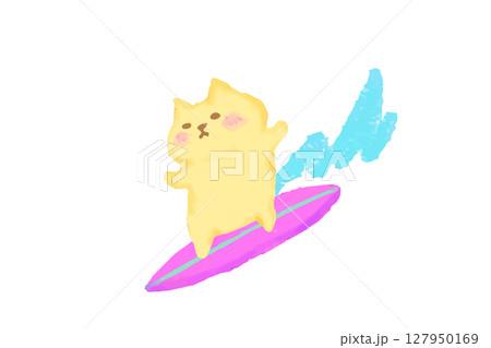 サーフィンを楽しむ猫のかわいい水彩イラスト 127950169