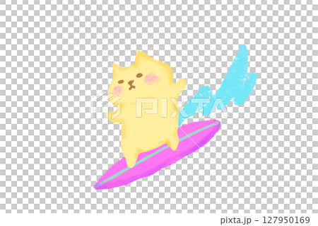 サーフィンを楽しむ猫のかわいい水彩イラスト 127950169
