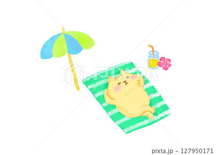 夏・ビーチでくつろぐかわいい猫の水彩イラスト素材 127950171