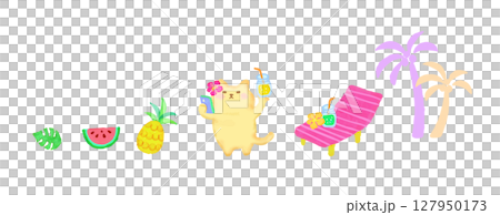 ビーチサイドで自撮りするトロピカルな猫のかわいい水彩イラスト 127950173
