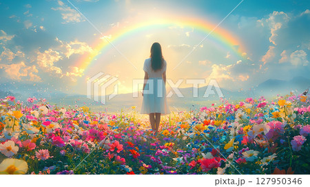 幻想的な花畑で空にかかる虹の橋を眺める白人女性の後ろ姿 127950346