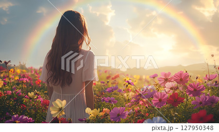 幻想的な花畑で空にかかる虹の橋を眺める白人女性の後ろ姿 127950348