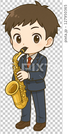 一個穿制服的男孩吹薩克斯風 一個穿制服的男孩吹薩克斯風 127950365
