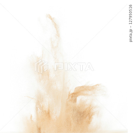 Small Fine size Sand flying explosion, Golden grain wave explode. Abstract cloud fly. Yellow colored sand splash throwing in Air. White background Isolated high speed shutter, throwing freeze stop Small Fine size Sand flying explosion, Golden grain wave explode. Abstract cloud fly. Yellow colored sand splash throwing in Air. White background Isolated high speed shutter, throwing freeze stop 127950516