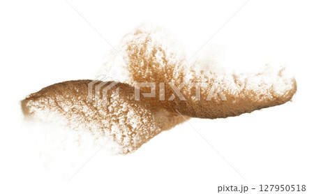 Abstract cloud fly. Yellow colored sand splash throwing curve circle in Air. Golden grain wave explode. Fine Sand flying explosion, White background Isolated throwing particle element object 127950518