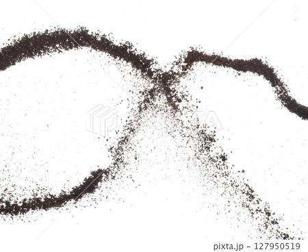 Coffee powder fly explosion, Coffee crushed ground float pouring, wave like smoke smell. Coffee ground powder splash throwing in mid Air. White background Isolated high speed shutter, freeze motion 127950519