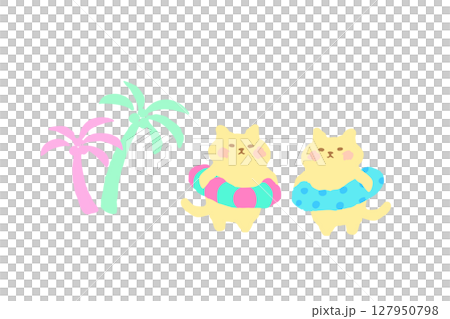 Summer, palm trees, swim rings and cute cat hand-drawn illustration material 127950798