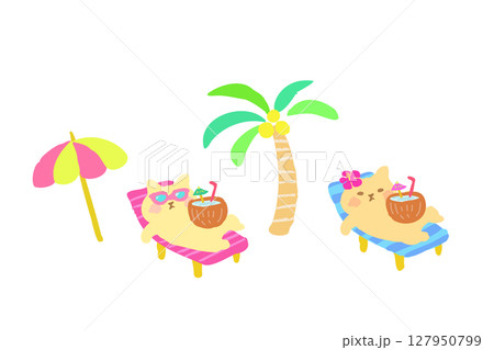 ビーチサイドでくつろぐかわいい猫の手描きイラスト素材 ビーチサイドでくつろぐかわいい猫の手描きイラスト素材 127950799
