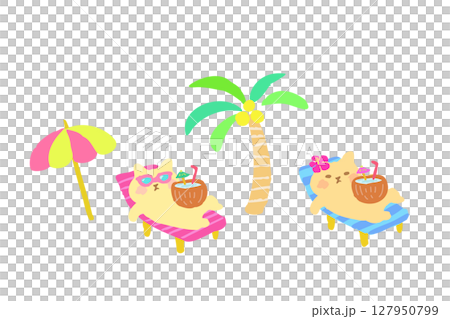 ビーチサイドでくつろぐかわいい猫の手描きイラスト素材 ビーチサイドでくつろぐかわいい猫の手描きイラスト素材 127950799