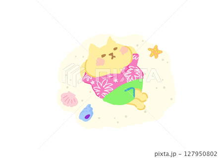 ビーチで寝転ぶアロハシャツを着たかわいい猫の手描きイラスト素材 127950802