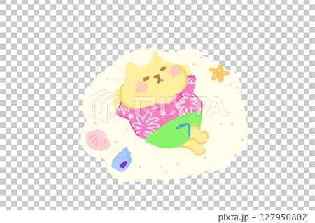 ビーチで寝転ぶアロハシャツを着たかわいい猫の手描きイラスト素材 127950802