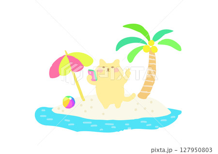 南の島で自撮りを楽しむかわいい猫の手描きイラスト素材 南の島で自撮りを楽しむかわいい猫の手描きイラスト素材 127950803