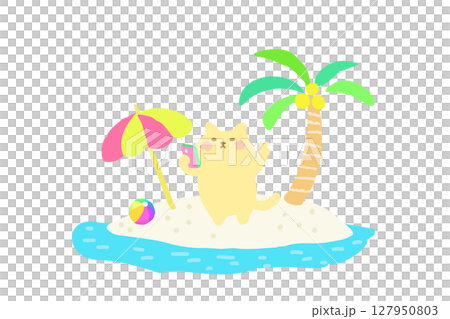 A cute hand-drawn illustration of a cat enjoying a selfie on a southern island 127950803