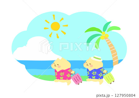夏リゾートへ旅行　アロハシャツを着たかわいい猫の手描きイラスト素材 127950804