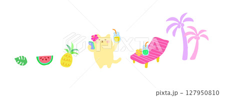 ビーチサイドで自撮りするトロピカルな猫のかわいい手描きイラスト 127950810