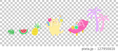 ビーチサイドで自撮りするトロピカルな猫のかわいい手描きイラスト 127950810