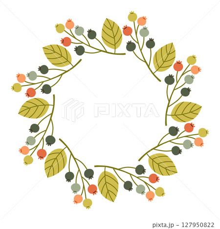 Autumn berry circle frame. Round border made of fall berries. The berries have different shapes and are arranged in a circle. Vector flat isolated on white background. Autumn berry circle frame. Round border made of fall berries. The berries have different shapes and are arranged in a circle. Vector flat isolated on white background. 127950822