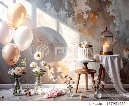 部屋に飾られたお祝いの花とバルーン 127951485