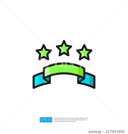 Colorful icon featuring three stars above a vibrant green and blue ribbon representing achievement and recognition in a modern and simplistic graphic design style. Colorful icon featuring three stars above a vibrant green and blue ribbon representing achievement and recognition in a modern and simplistic graphic design style. 127951605
