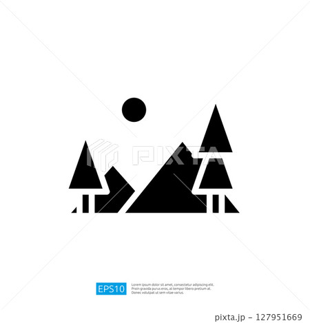 Stylized silhouette of mountains and trees under a shining sun in a minimalistic landscape representing outdoor adventure and natural beauty Stylized silhouette of mountains and trees under a shining sun in a minimalistic landscape representing outdoor adventure and natural beauty 127951669