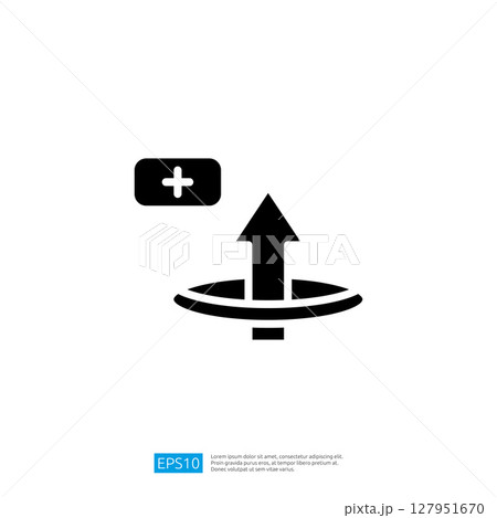 Arrow Pointing Upward with Plus Icon Representing Growth and Enhancement in Minimalist Black and White Design for User Interface Application Arrow Pointing Upward with Plus Icon Representing Growth and Enhancement in Minimalist Black and White Design for User Interface Application 127951670