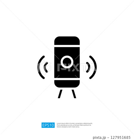 Stylish black portable speaker with sound waves emanating from it representing music enjoyment and audio innovation in modern electronic lifestyle Stylish black portable speaker with sound waves emanating from it representing music enjoyment and audio innovation in modern electronic lifestyle 127951685