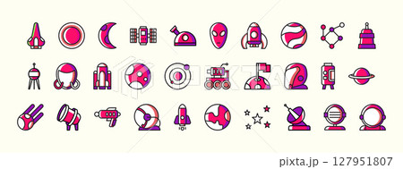Collection of Colorful Space Icons Representing Various Celestial Elements and Exploration Themes 127951807