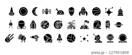 Collection of Space Icons Depicting Planets, Stars, and Astronomical Phenomena in a Minimalist Style 127951809