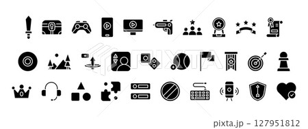 Collection of Black Game Themed Icons Representing Various Elements of Gaming Culture Including Consoles, Controllers, and Symbols Associated with Interactive Entertainment and Fun Leisure Activities Collection of Black Game Themed Icons Representing Various Elements of Gaming Culture Including Consoles, Controllers, and Symbols Associated with Interactive Entertainment and Fun Leisure Activities 127951812