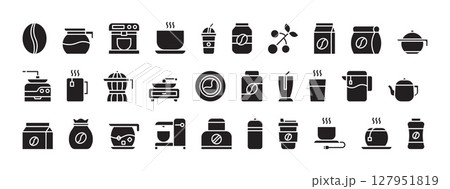 Collection of Coffee Shop Icons Featuring Various Beverages and Brew Equipment in Black Silhouettes on a White Background Collection of Coffee Shop Icons Featuring Various Beverages and Brew Equipment in Black Silhouettes on a White Background 127951819