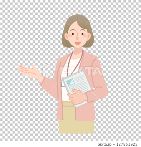 Vector illustration of a female employee holding a document and giving an explanation Vector illustration of a female employee holding a document and giving an explanation 127951925