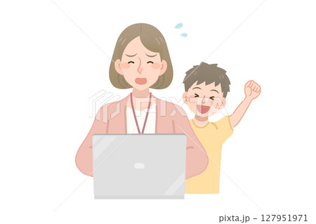 子供に話しかけられて困るテレワーク中の女性社員 127951971