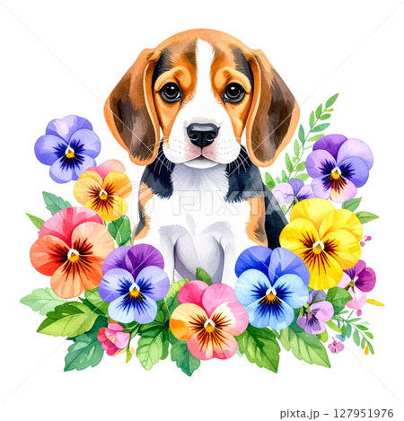 パンジー・ビオラの花とビーグルの仔犬の水彩イラスト3／チラシやポスター用素材 127951976