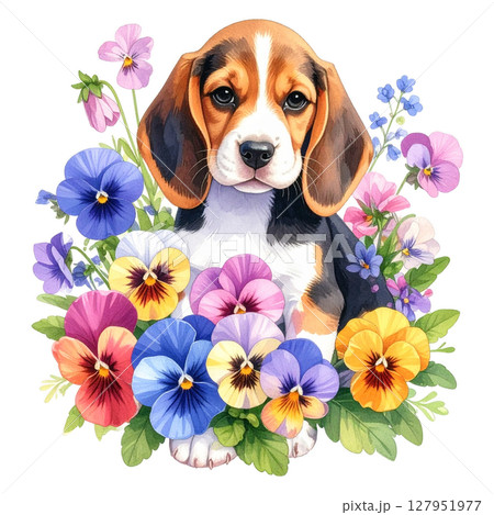 パンジー・ビオラの花とビーグルの仔犬の水彩イラスト4／チラシやポスター用素材 127951977