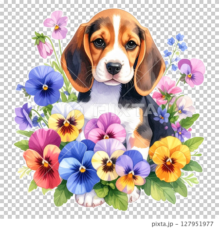 パンジー・ビオラの花とビーグルの仔犬の水彩イラスト4／チラシやポスター用素材 127951977