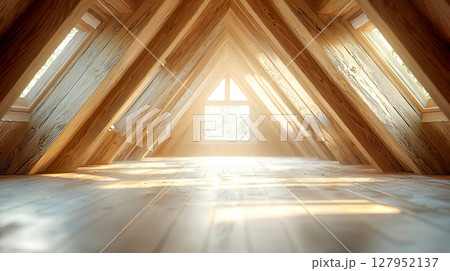太陽光が射し込む木造家屋の明るい屋根裏部屋 127952137