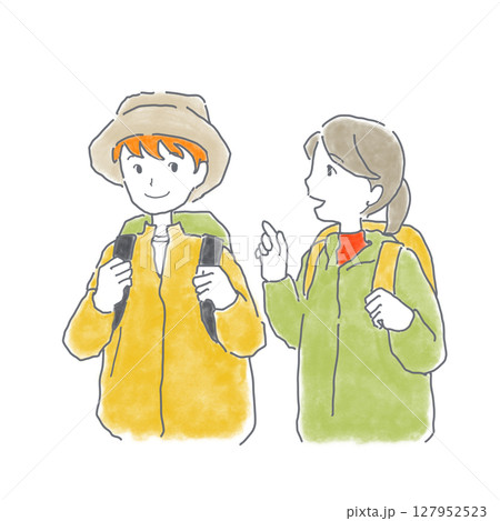 ハイキングや山歩きを楽しんでいる人たちのイラスト ハイキングや山歩きを楽しんでいる人たちのイラスト 127952523