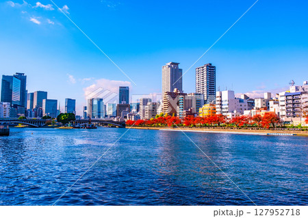 天満橋から見た大川と桜の紅葉 127952718
