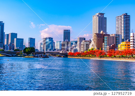 天満橋から見た大川と桜の紅葉 127952719