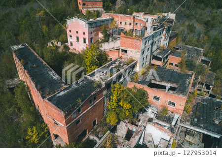 An abandoned mining and processing facility sits in disrepair, with crumbling structures overtaken by nature. An abandoned mining and processing facility sits in disrepair, with crumbling structures overtaken by nature. 127953014