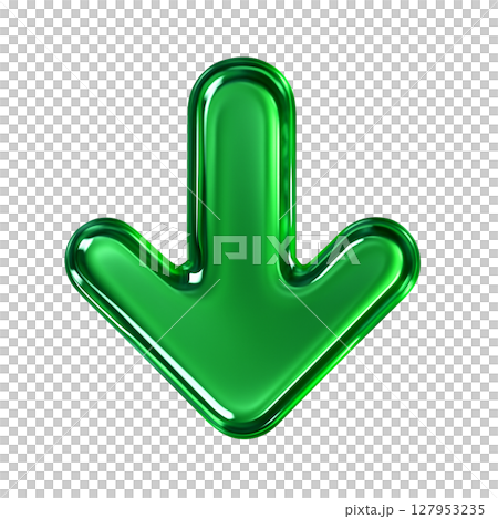光澤的綠色向下箭頭圖標，三維設計的向下箭頭，玻璃狀的綠色箭頭標記 127953235